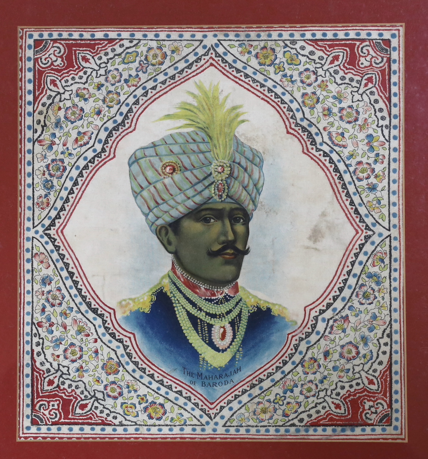 English School c.1900, pair of printed silk panels, 'The Maharaja of Baroda' and 'The Maharaja of Jhalawar', 28.5 x 26.5cm